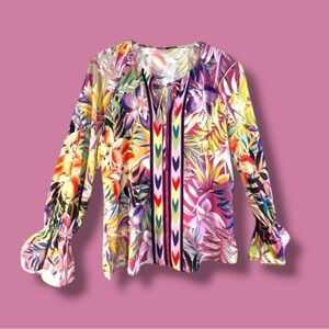 KOBI HALPERN Tropical Floral and Palm Boho Top puff long sleeve Top SZ XS NWT